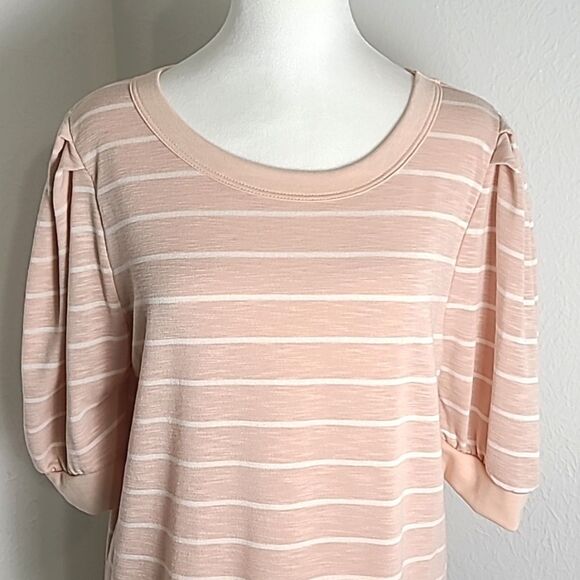 BiBi Light Pink & White Stripe Pullover Top, Puffy Short Sleeves, Size XL - Picture 3 of 7